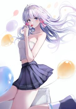 1girl absurdres alternate_costume ayaka_(genshin_impact) balloon bare_arms bare_shoulders blue_eyes blue_skirt breasts candy cleavage commentary_request emong floating_hair food genshin_impact grey_hair highres holding holding_food kneeling lollipop long_hair looking_at_viewer medium_breasts midriff miniskirt pleated_skirt revision shoes simple_background skirt solo strapless thighs tiara tube_top white_background