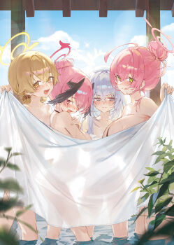 4girls :d absurdres alternate_hairstyle azusa_(blue_archive) bare_shoulders bath bathing black_wings blonde_hair blue_archive blush breasts closed_mouth commentary completely_nude covering_privates day feathered_wings green_eyes hair_bun halo hanako_(blue_archive) head_wings hifumi_(blue_archive) highres holding holding_towel koharu_(blue_archive) kokko_(kokko3045) large_breasts leaf licking_lips looking_at_viewer make-up_work_club_(blue_archive) multiple_girls nude nude_cover onsen open_mouth pink_hair pink_halo same-sex_bathing see-through_silhouette shared_bathing single_hair_bun smile steam symbol-only_commentary tongue tongue_out towel towel_on_head wading water wet winged_halo wings yellow_eyes yellow_halo