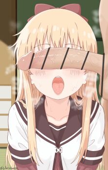 1boy 1girl bar_censor blonde_hair blush bow breasts censored chrislu07 collarbone hair_bow hetero highres indoors loli long_hair nanamori_school_uniform open_mouth penis penis_awe saliva school_uniform signature small_breasts smelling smelling_penis tongue tongue_out toshinou_kyouko upper_body yuruyuri