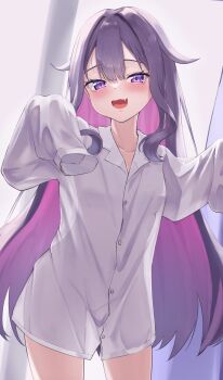 1girl absurdres colored_inner_hair fang gradient_hair highres hololive hololive_english ilie_ilie koseki_bijou long_hair long_sleeves looking_at_viewer multicolored_hair open_mouth oversized_clothes oversized_shirt pink_hair purple_hair see-through_silhouette shirt sleeves_past_fingers sleeves_past_wrists solo virtual_youtuber white_shirt