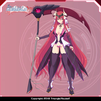 Rule 34 | 1girl, bare shoulders, black thighhighs, breasts, bridal gauntlets, choker, cleavage, copyright name, detached sleeves, full body, game cg, holding, horns, kourin tenshi en ciel rena, large breasts, large variant set, logo, long hair, looking at viewer, lucifer rena, maebari, navel, official art, red eyes, red hair, revealing clothes, saitou natsuki, scythe, showgirl skirt, smile, solo, standing, strapless bottom, suhamaya, thighhighs, tomoe rena, variant set, very long hair, weapon