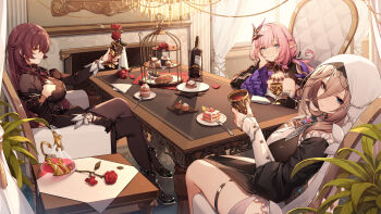 3girls absurdres alcohol aponia bad_source black_boots blue_eyes boots bottle breasts brown_hair cake cake_slice chair chalice chinese_commentary closed_mouth commentary_request crossed_legs cup curtains de_da_xianyu dress drinking_glass eden_(honkai_impact) elf elysia_(honkai_impact) elysia_(miss_pink_elf)_(honkai_impact) fireplace flower food fork hair_ornament hand_on_own_cheek hand_on_own_face highres holding holding_cup honkai_(series) honkai_impact_3rd indoors jug_(bottle) long_hair long_sleeves looking_at_viewer multiple_girls nun official_art official_wallpaper pantyhose petals pink_hair plate pointy_ears ponytail purple_dress purple_eyes purple_hair purple_pantyhose red_flower red_rose red_wine rose sitting smile table thighhighs tiered_tray window wine wine_bottle wine_glass yellow_eyes