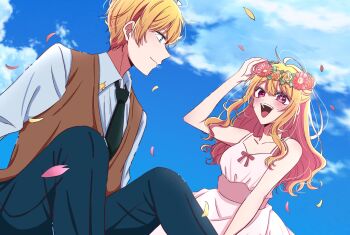 1boy 1girl bare_shoulders black_necktie blonde_hair blue_eyes blue_pants blush breasts brother_and_sister brown_sweater_vest cloud commentary_request dress head_wreath highres hoshino_aquamarine hoshino_ruby long_hair necktie open_mouth oshi_no_ko outdoors pants pink_dress pink_eyes shirt short_hair siblings smile sweater_vest twins white_shirt xto4k