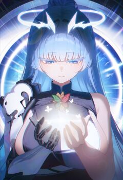 1girl blue_eyes blunt_bangs breasts butterfly_ornament closed_mouth commentary dongyu goddess_of_victory:_nikke hair_bun hair_intakes halo highres large_breasts light_rays long_hair looking_down mechanical_arms mole nayuta_(nikke) single_mechanical_arm symbol-only_commentary