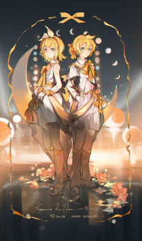 1boy 1girl blue_eyes bow bowtie brother_and_sister character_name closed_mouth double-parted_bangs dress full_body hair_between_eyes hair_ribbon happy_birthday highres kagamine_len kagamine_rin kneehighs long_sleeves moon_phases orange_socks parted_bangs ribbon shirt shoes short_hair siblings sleeveless sleeveless_dress socks standing twins vocaloid white_dress white_ribbon white_shirt white_shoes yellow_bow yellow_bowtie zeriko
