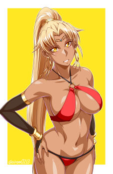 1girl absurdres akuron_(acllon) arm_warmers bare_shoulders bikini blonde_hair breasts circlet dark-skinned_female dark_skin earrings hand_on_own_hip high_ponytail highres hoop_earrings jewelry large_breasts long_hair looking_at_viewer navel o-ring o-ring_swimsuit ponytail red_bikini sasha_(sennen_sensou_aigis) sennen_sensou_aigis solo standing swimsuit tan twitter_username very_long_hair yellow_background yellow_eyes