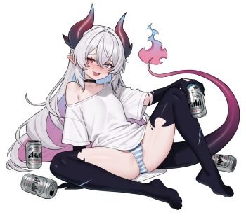 Rule 34 | 1girl, beer can, black choker, blue eyes, blue hair, can, choker, colored inner hair, commentary, dragon girl, dragon horns, dragon tail, drink can, english commentary, fang, full body, hair between eyes, heterochromia, highres, holding, holding can, horns, indie virtual youtuber, knee up, long hair, looking at viewer, moursho, multicolored hair, open mouth, panties, pink hair, pointy ears, red eyes, second-party source, shirt, simple background, single bare shoulder, single off shoulder, sitting, smile, solo, striped clothes, striped panties, tail, underwear, vaipyre (vtuber), very long hair, white background, white hair, white shirt, wide sleeves
