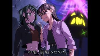 2girls bang_dream! bang_dream!_it's_mygo!!!!! black_choker black_hair black_jacket black_shirt blue_eyes choker closed_mouth clothes_grab commentary doki_(oox3o) hair_between_eyes highres jacket letterboxed medium_hair midriff mole mole_under_eye multiple_girls o-ring o-ring_choker open_clothes open_jacket parody purple_eyes red_shirt shiina_taki shirt style_parody subtitled translation_request white_jacket yahata_umiri