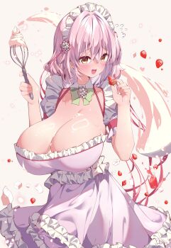 1girl absurdres blush breasts brown_eyes cleavage collarbone commentary_request dress flower food frilled_dress frills fruit hair_between_eyes hair_flower hair_ornament highres hikotou_(sao73cat) holding holding_food holding_fruit large_breasts looking_at_viewer maid maid_headdress medium_hair open_mouth original pink_background pink_dress pink_hair red_flower red_rose rose simple_background smile solo standing strawberry whipped_cream whisk white_flower
