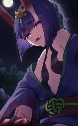 Rule 34 | 1girl, absurdres, bare shoulders, bob cut, breasts, eyeliner, fate/grand order, fate (series), full moon, headpiece, highres, horns, izanaware game, japanese clothes, kimono, long sleeves, looking at viewer, makeup, moon, night, night sky, oni, open mouth, purple kimono, revealing clothes, short eyebrows, short hair, shuten douji (fate), skin-covered horns, sky, smile, solo