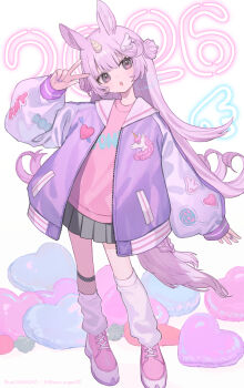 1girl 2026 :o animal_ears arm_up commentary full_body grey_skirt hair_ornament horns horse_ears horse_girl horse_tail jacket long_hair long_sleeves looking_at_viewer loose_socks miniskirt open_clothes open_jacket open_mouth original pink_hair pink_shirt pink_shoes pleated_skirt purple_eyes purple_jacket shirt shoes shugao simple_background single_horn skirt socks solo standing symbol-only_commentary tail twitter_username v white_background white_socks wing_hair_ornament