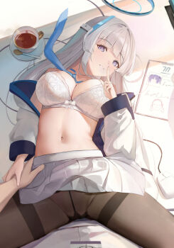 1boy 1girl black_pantyhose blue_archive bra breasts cleavage coat commentary_request computer_mouse cup doodle_sensei_(blue_archive) finger_to_mouth halo hetero highres i_ruru large_breasts long_hair looking_at_viewer lying mechanical_halo navel noa_(blue_archive) on_back pantyhose pov pov_hands purple_eyes sensei_(blue_archive) shushing skirt stomach tea teacup underwear very_long_hair white_bra white_coat white_hair white_skirt yuuka_(blue_archive)