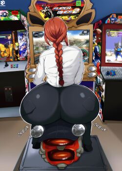 1girl arcade ass black_pants braid braided_ponytail chainsaw_man collared_shirt from_behind highres huge_ass indoors long_hair long_sleeves makima_(chainsaw_man) motor_vehicle motorcycle pants playing_games ponytail red_hair shirt teasing white_shirt z3husky