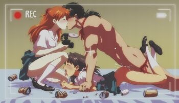 1boy 2girls amondetauro beer_can black_hair brown_hair camera can cum cum_overflow cumdrip drink_can ffm_threesome french_kiss group_sex hetero highres horaki_hikari kaji_ryouji kiss long_hair low_ponytail multiple_girls neon_genesis_evangelion orange_hair ponytail prone_bone recording sex sex_from_behind shirt socks souryuu_asuka_langley threesome tongue tongue_out viewfinder white_shirt white_socks