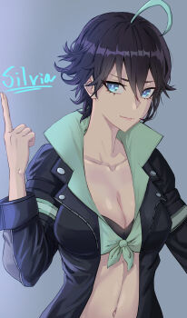1girl ahoge black_hair black_jacket black_survival blue_eyes breasts character_name choppy_bangs cleavage closed_mouth collarbone commentary_request grey_background hair_between_eyes hand_up highres index_finger_raised jacket large_breasts long_sleeves looking_at_viewer navel open_clothes open_jacket oro_(lsg0624) short_hair silvia_piquet simple_background smile solo upper_body