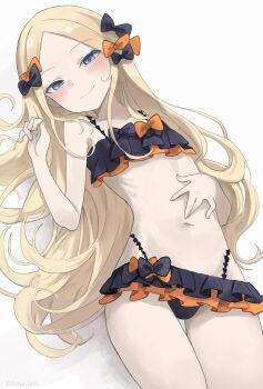 1girl abigail_williams_(fate) absurdres artur_link bare_shoulders bikini bikini_skirt black_bikini blonde_hair blue_eyes blush bow breasts fate/grand_order fate_(series) frilled_bikini frills hair_bow high-waist_bikini highres long_hair looking_at_viewer multiple_hair_bows navel simple_background small_breasts smile solo swimsuit white_background