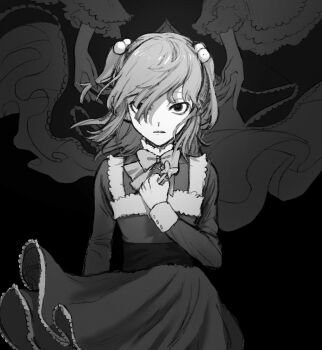 Rule 34 | 2girls, aged down, bow, bug, butterfly, dress, frederica bernkastel, frills, frown, greyscale, hair bobbles, hair ornament, highres, holding, holding key, insect, key, long hair, monochrome, multiple girls, nasu (nasuotabe), twintails, two side up, umineko no naku koro ni, ushiromiya ange