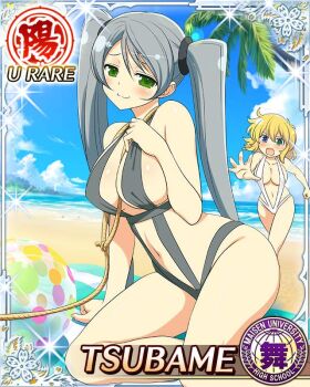 2girls :3 :o arm_up beach beach_towel blonde_hair blue_eyes blue_sky blush body_switch border breasts card_(medium) character_name cleavage closed_mouth day embarrassed game_cg green_eyes grey_hair grey_slingshot_swimsuit hand_on_floor heterochromia large_breasts long_hair looking_at_viewer medium_hair multiple_girls navel ocean official_art palm_tree personality_switch rope_around_neck ryouna_(senran_kagura) seductive_smile senran_kagura senran_kagura_new_wave sitting sky slingshot_swimsuit smile solo_focus swept_bangs swimsuit third-party_source towel tree tsubame_(senran_kagura) twintails very_long_hair water white_slingshot_swimsuit