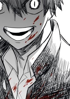Rule 34 | 1boy, absurdres, black hair, blood, blood on clothes, blood on face, blood splatter, commentary request, crazy eyes, crazy smile, hair between eyes, highres, looking at viewer, male focus, masa aoiro, messy hair, monochrome, nanaya shiki, open mouth, school uniform, shaded face, shirt, short hair, sketch, smile, tohno shiki, tsukihime, tsukihime (remake)