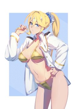 1girl bikini blonde_hair blue_background blue_eyes border breasts captain_(honkai_impact) captain_(honkai_impact)_(cosplay) cleavage commentary cosplay dated_commentary durandal_(honkai_impact) gold_bikini hand_on_own_hip highres honkai_(series) honkai_impact_3rd jacket large_breasts long_hair long_sleeves looking_at_viewer navel onshigou open_clothes open_jacket open_mouth solo swimsuit white_border white_jacket