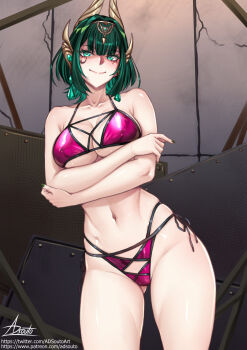 1girl adsouto bikini breasts collarbone crossed_arms earrings eye_tattoo genshin_impact green_eyes green_hair headpiece highres jewelry mark_under_eye medium_breasts mole mole_under_eye nail_polish navel nefer_(genshin_impact) purple_bikini signature smile solo swimsuit tattoo variant_set