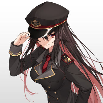 1girl black_hair black_shirt black_suit breasts buttons colored_inner_hair commentary double-breasted epaulettes formal_clothes hair_between_eyes hand_on_headwear hat healther highres large_breasts long_hair long_sleeves looking_at_viewer military military_dress_uniform military_uniform multicolored_hair necktie one_eye_covered original peaked_cap pink_hair red_eyes red_necktie shirt simple_background solo suit two-tone_hair upper_body very_long_hair white_background wing_collar