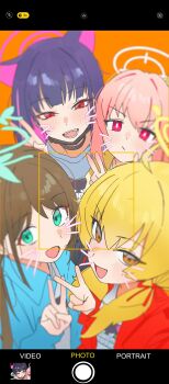 4girls :d airi_(band)_(blue_archive) airi_(blue_archive) animal_ears blonde_hair blue_archive blue_jacket brown_eyes brown_hair cat_ears closed_mouth english_text fangs female_focus green_eyes green_halo halo jacket kazusa_(band)_(blue_archive) kazusa_(blue_archive) long_hair looking_at_viewer multicolored_hair multiple_girls natsu_(band)_(blue_archive) natsu_(blue_archive) open_mouth pink_eyes pink_hair purple_halo red_eyes red_jacket riel_(rielilu) shirt simple_background smile tagme v viewfinder yellow_halo yellow_jacket yoshimi_(band)_(blue_archive) yoshimi_(blue_archive)