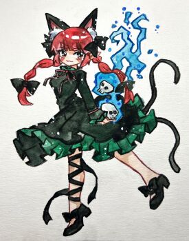 Rule 34 | 1girl, :3, animal ear fluff, animal ears, black shoes, blunt bangs, bow, braid, cat ears, cat tail, commentary request, dress, extra ears, fire, flaming skull, floating skull, footwear bow, frilled dress, frills, full body, green dress, hair bow, highres, holding, holding skull, kaenbyou rin, key747h, leg ribbon, long sleeves, multiple hair bows, multiple tails, nekomata, painting (medium), red eyes, red hair, red ribbon, ribbon, shoes, skull, solo, tail, touhou, traditional media, twin braids, two tails