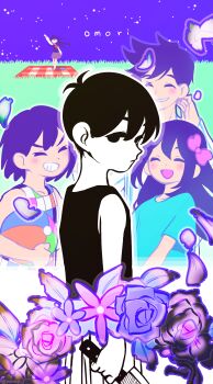 2girls 3boys :d ^_^ alternate_sleeve_length antenna_hair arm_up arms_at_sides aubrey_(headspace)_(omori) aubrey_(omori) ball bare_arms bare_legs bare_shoulders barefoot beachball black_eyes black_hair black_tank_top blue_shirt bow brother_and_sister brothers brown_skirt checkered_clothes checkered_shirt child closed_eyes closed_mouth colored_skin commentary_request copyright_name cowboy_shot double-parted_bangs empty_eyes expressionless faceless faceless_female flower flower_wreath from_behind from_side grass grin hair_behind_ear hair_between_eyes hair_bow hand_up head_wreath hero_(headspace)_(omori) hero_(omori) highres holding holding_ball holding_beachball holding_knife kel_(headspace)_(omori) kel_(omori) kitchen_knife knife leaf light_frown long_hair long_sleeves looking_at_viewer looking_back mari_(headspace)_(omori) mari_(omori) miniskirt multiple_boys multiple_girls neckerchief no_pupils omori omori_(omori) open_mouth outdoors outline pants picnic_basket pink_bow pink_flower pink_rose pinstripe_pants pinstripe_pattern purple_flower purple_hair purple_rose purple_sky purple_sweater_vest red_neckerchief rose shadow shirt short_hair short_sleeves siblings sideways_glance skirt sky sleeveless sleeveless_shirt smile standing straight_hair striped_clothes striped_shirt sweater_vest tank_top teeyteey two-tone_shirt v-shaped_eyebrows vertical-striped_clothes vertical-striped_shirt very_long_hair very_short_hair waving white_outline white_pants white_shirt white_skin wind