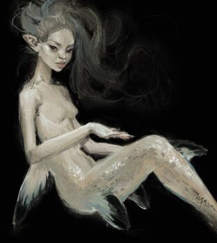 1girl absurdres aegyo_sal back_fin black_background black_eyes commentary english_commentary floating floating_hair from_side full_body grey_hair hair_bun highres looking_at_viewer mermaid monster_girl original pointy_ears simple_background smile solo twulfs