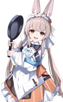 1girl absurdres animal_ears arknights black_bow black_bowtie blue_ribbon bow bowtie brown_eyes brown_hair commentary_request cowboy_shot frilled_hairband frilled_skirt frills frying_pan hairband highres holding holding_frying_pan kenken_back long_hair long_sleeves looking_at_viewer neck_ribbon open_mouth orange_skirt partial_commentary ribbon shirt simple_background skirt smile solo standing traditional_bowtie twintails warmy_(arknights) white_background white_hairband white_shirt zipper