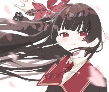 Rule 34 | 1girl, absurdres, black hair, blunt bangs, cherry blossoms, collared shirt, commentary request, falling petals, floating clothes, floating hair, flower, hair flower, hair ornament, highres, juuryoku (g 9 80665), long hair, looking at viewer, mahou shoujo no majo saiban, nikaido hiro, parted lips, petals, red eyes, red flower, red sailor collar, sailor collar, shirt, simple background, smile, solo, upper body, white background, white shirt, wind