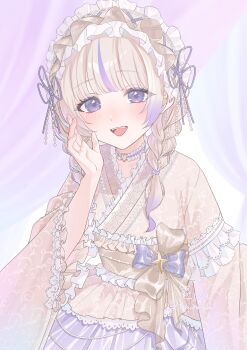 Rule 34 | 1girl, absurdres, blonde hair, braid, choker, commentary request, frilled sleeves, frills, hair ornament, hairband, heart, heart choker, highres, hololive, hololive dev is, japanese clothes, kimono, lolita hairband, long hair, looking at viewer, low twin braids, purple eyes, purple hair, smile, solo, toa inusuki, todoroki hajime, twin braids, virtual youtuber, white kimono