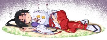 1boy between_legs black_hair ca_ligula_(extendzamonas) curtained_hair grass hakama hakama_pants hand_between_legs heavy_breathing highres houjou_tokiyuki_(nige_jouzu_no_wakagimi) japanese_clothes kariginu long_hair long_sleeves looking_at_viewer lying male_focus motion_lines nige_jouzu_no_wakagimi on_ground on_side open_mouth outdoors pants parted_bangs ponytail puff_of_air purple_background purple_eyes raised_eyebrows red_hakama red_ribbon red_sash ribbon ribbon-trimmed_sleeves ribbon_trim sandals sash shaded_face solo sweat tabi thick_eyebrows trembling very_long_hair white_background wide_sleeves zouri