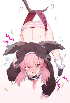 1girl absurdres black_shirt black_shoes blue_archive blush branch breasts downblouse flying_sweatdrops gradient_background hair_between_eyes hanging hanging_legs head_wings highres horn/wood koharu_(blue_archive) leaf long_sleeves loose_socks motion_lines nose_blush open_mouth panties pink_background pink_hair pleated_skirt puffy_long_sleeves puffy_sleeves purple_skirt red_eyes sailor_collar shirt shoes skirt small_breasts socks solo striped_clothes striped_panties sweat tears top-down_bottom-up twintails underwear white_background white_sailor_collar white_socks wings