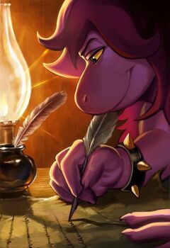 black_eyes blackbeard_writing_(meme) bracelet closed_mouth colored_sclera deltarune dinosaur_girl drawing_(action) fingernails from_side highres holding holding_quill indoors inkwell jewelry long_hair meme pearl_bracelet profile purple_hair quill sharp_fingernails smile solo spiked_bracelet spikes susie_(dark_world)_(deltarune) susie_(deltarune) utdr_(toby_fox) vobom2 yellow_sclera