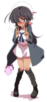 Rule 34 | 1girl, black hair, blue eyes, blush, boots, breasts, closed mouth, coat, double v, dress, girls und panzer, hair ribbon, hat, jinguu (4839ms), long hair, looking at viewer, midriff, miniskirt, navel, ogin (girls und panzer), ribbon, sailor dress, school uniform, simple background, skirt, small breasts, smile, solo, sweat, trench coat, v, white background