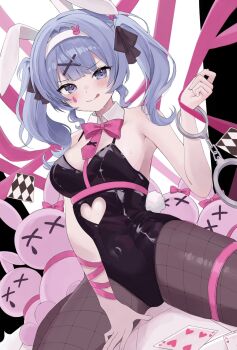 1girl :q ace_(playing_card) ace_of_hearts animal_ears bare_shoulders black_leotard blue_eyes blue_hair bow bowtie breasts card clothing_cutout collar commentary_request covered_navel cuffs cutout_above_navel detached_collar fake_animal_ears fake_tail fishnet_pantyhose fishnets four_of_hearts hair_ornament handcuffs hatsune_miku heart heart-shaped_pupils heart_cutout highleg highleg_leotard highres leotard looking_at_viewer pantyhose pink_bow pink_bowtie playboy_bunny playing_card rabbit_ears rabbit_hole_(vocaloid) rabbit_tail rurudi_(51_ruru6151) sitting solo spaghetti_strap stuffed_animal stuffed_rabbit stuffed_toy sweatdrop symbol-shaped_pupils tail teardrop_facial_mark thighs tongue tongue_out twintails wariza white_collar x_hair_ornament