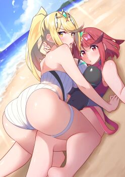 2girls ass blonde_hair breasts highres large_breasts multiple_girls mythra_(radiant_beach)_(xenoblade) mythra_(xenoblade) osora_(judithandlilith) ponytail pyra_(pro_swimmer)_(xenoblade) pyra_(xenoblade) red_eyes red_hair swimsuit xenoblade_chronicles_(series) xenoblade_chronicles_2 yellow_eyes