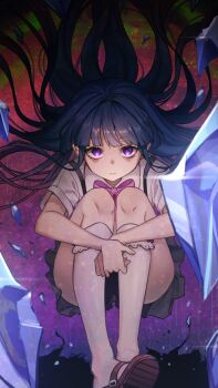 1girl bags_under_eyes black_skirt blue_hair blunt_bangs bow bowtie closed_mouth commentary frilled_socks frills frown furude_rika highres higurashi_no_naku_koro_ni hugging_own_legs kneehighs long_hair looking_at_viewer mary_janes onyang pink_bow pink_bowtie purple_eyes shards shirt shoes sitting skirt socks solo suspender_skirt suspenders very_long_hair white_shirt white_socks wind