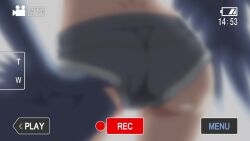 1girl adjusting_clothes adjusting_panties ahoge animated anime_screenshot ass back bandeau bare_shoulders battery_indicator bird_legs black_bandeau black_tube_top blue_feathers blue_hair blue_panties blue_wings blush breasts camera_feed claws denim denim_shorts digitigrade doorway feathered_wings feathers harpy highres humming indoors monster_girl monster_musume_no_iru_nichijou non-web_source official_art panties panty_peek papi_(monster_musume) plant potted_plant recording scales short_hair short_shorts shorts small_breasts smile solo sound strapless talons trefoil tube_top underwear user_interface video winged_arms wings yellow_eyes