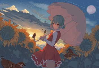 1girl absurdres ascot bird closed_mouth commentary_request cowboy_shot dress field flower flower_field frilled_skirt frills from_side gradient_sky green_hair highres holding holding_umbrella kazami_yuuka kulomi long_sleeves looking_at_viewer moon outdoors parasol plaid_clothes plaid_dress red_dress red_eyes shirt shooting_star short_hair skirt sky smile solo sparrow star_(sky) starry_sky sunflower sunflower_field sunset touhou touhou_lost_branch_of_legend umbrella white_shirt yellow_ascot