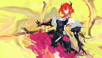 Rule 34 | 1girl, absurdres, arknights, arknights: endfield, bare shoulders, black dress, black gloves, black horns, breasts, closed mouth, colored petticoat, commentary, detached sleeves, dress, gloves, hair between eyes, hair intakes, highres, horns, kaido jun, laevatain (arknights), looking at viewer, petticoat, purple eyes, red hair, solo, surtr (arknights), sword, weapon, yellow background