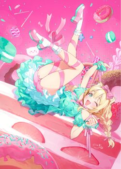 1girl ;d animal_ears arm_up bare_shoulders blonde_hair bloomers bow braid cake cat_ears cat_girl clothing_cutout donut dress fang food frilled_dress frilled_socks frills from_side fruit green_dress green_eyes green_wrist_cuffs hair_bow hair_ribbon highres leg_ribbon legs_up long_hair looking_at_viewer looking_to_the_side lying macaron medium_dress nail_polish nyum on_back one_eye_closed open_mouth original pink_background pink_bloomers pink_bow pink_nails pink_ribbon pink_shoes ribbon shoes shoulder_cutout skin_fang skindentation smile socks solo straight_hair strawberry twin_braids underwear white_socks wrist_cuffs