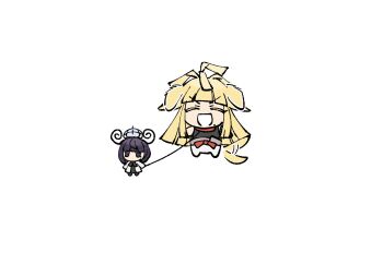 1boy 1girl anyadesu_yo black_dress black_shirt blonde_hair bob_cut brother_and_sister chibi chibi_only closed_eyes coat collar dress full_body gwynn_(pokemon) hat highres holding holding_leash ivor_(pokemon) leash long_hair mole mole_under_mouth nintendo no_mouth open_clothes open_coat open_mouth pants pokemon pokemon_legends:_z-a purple_eyes purple_hair shirt short_hair siblings very_long_hair white_background white_coat white_pants