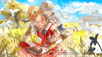 Rule 34 | 2boys, age difference, aged down, ancient greek clothes, armlet, artist name, bird, black gloves, blue eyes, blue sky, book, cloud, day, fingerless gloves, flower, flower wreath, gloves, grass, greco-roman clothes, grey hair, hair between eyes, head on hand, head wreath, highres, holding, holding book, honkai: star rail, honkai (series), hug, jewelry, leg up, male focus, multiple boys, mydei (honkai: star rail), orange hair, outdoors, phainon (honkai: star rail), short hair, shorts, sitting, sky, smile, tattoo, tree, watermark, white bird