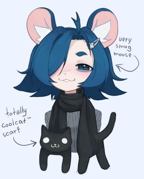 Rule 34 | 1girl, :3, animal ears, arrow (symbol), black scarf, blue eyes, blue hair, closed mouth, commentary, doyagao, english commentary, english text, grey background, grey sweater, hair ornament, hairclip, highres, mouse ears, mouse girl, original, parasoru buruu, ribbed sweater, scarf, simple background, smug, solo, sweater, upper body