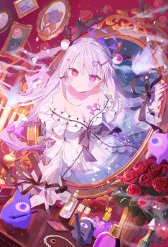 1girl bandaid bandaid_on_breast bare_shoulders blush breasts cleavage closed_mouth collarbone commentary dress flower hair_ribbon halo highres ibara_riato long_hair long_sleeves looking_at_viewer medium_breasts off-shoulder_dress off_shoulder original pink_eyes purple_hair purple_halo red_flower red_rose ribbon rose solo symbol-only_commentary upper_body white_dress