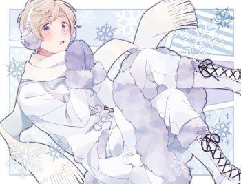Rule 34 | 1boy, argyle background, axis powers hetalia, baggy pants, blonde hair, blue background, boots, buttons, coat, collared dress, commentary request, dress, earmuffs, full body, fur-trimmed boots, fur-trimmed sleeves, fur trim, gloves, hands up, leg up, long sleeves, looking at viewer, male focus, open mouth, own hands together, pants, pocket, polka dot, polka dot background, purple background, purple eyes, purple gloves, russia (hetalia), saku anna, scarf, short hair, sitting, smile, snowflake background, snowflake ornament, snowflakes, snowman, solo, striped background, white boots, white coat, white pants, white scarf