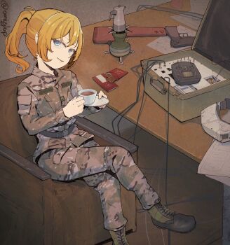 1girl 35th_marine_brigade bad_link belt belt_around_waist black_belt black_boots blonde_hair blue_eyes boots brown_jacket cable camouflage candy cargo_pants chocolate chocolate_bar coffee_maker coffee_mug commissioner_source crossed_legs cup digital_camouflage film_grain food fpv_drone_operator gun handgun handgun_stock head_tilt heater highres holding holding_cup jacket long_hair looking_at_viewer military_jacket military_operator mug omiglop open_collar open_mouth pants ponytail pouch revision russo-ukrainian_war sleeve_pouch smile solo stechkin_aps table tanya_degurechaff tanya_degurechaff_(sleepwalker) tongue ukraine unworn_eyewear weapon youjo_senki